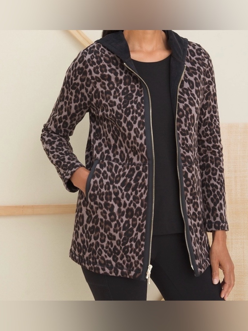 Chico’s Zenergy Cozy Fleece animal print hood jacket NWT SZ 1